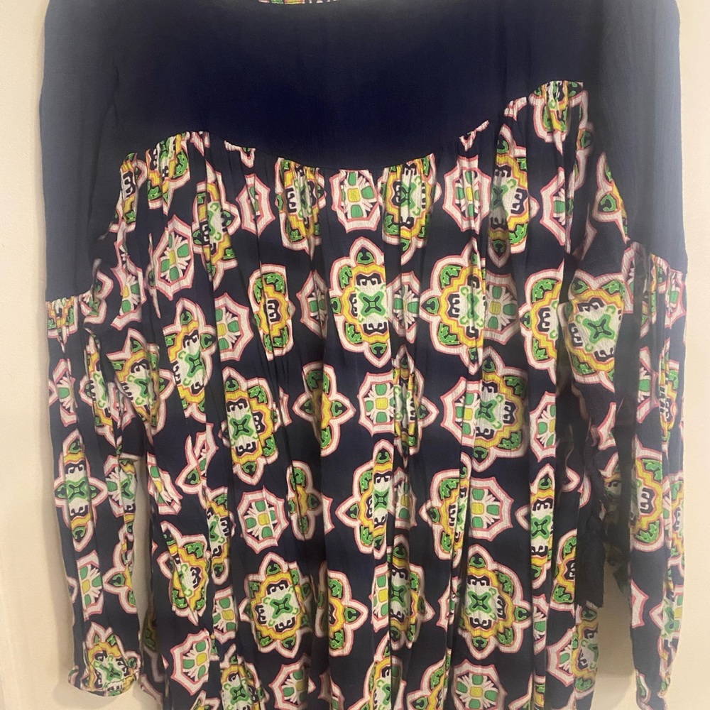 Crown & Ivy peasant shirt navy blue green tassel 3/4 length sleeves size 2x - Picture 4 of 4